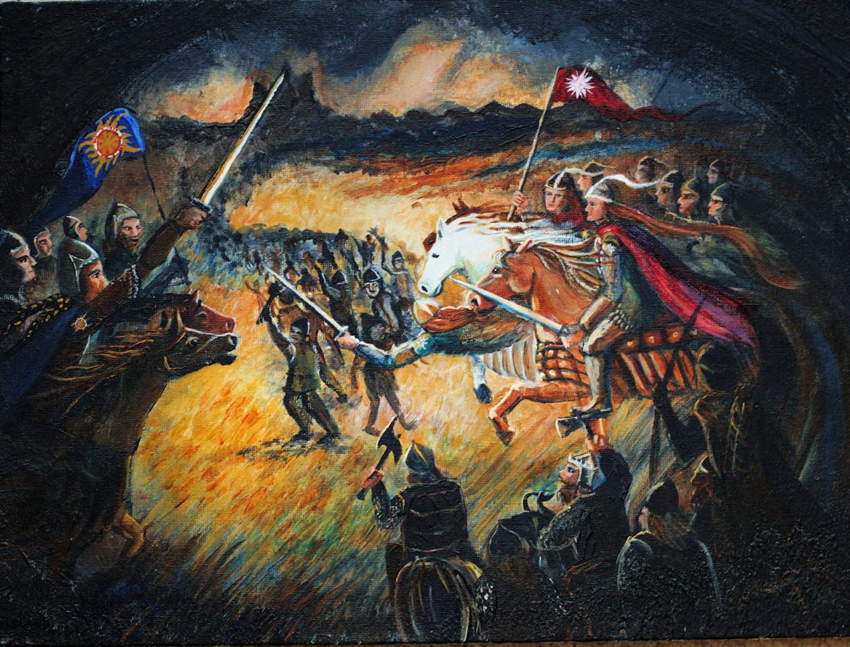 Two Battle Scenes: one in ink and pastel, one in acrylic