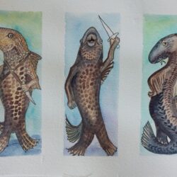 Three sailfin / armoured catfish style Locathah with spots, painted in a watercolour style. One is brandishing a sword.